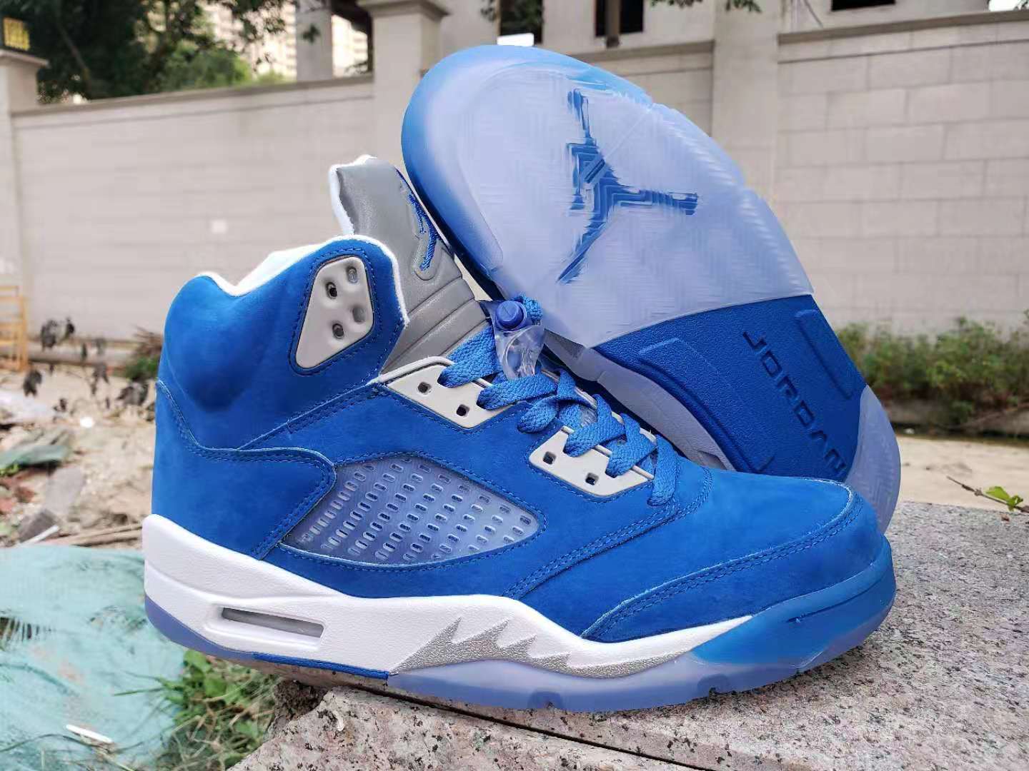 New Men Air Jordan 5 Blue White Silver Shoes